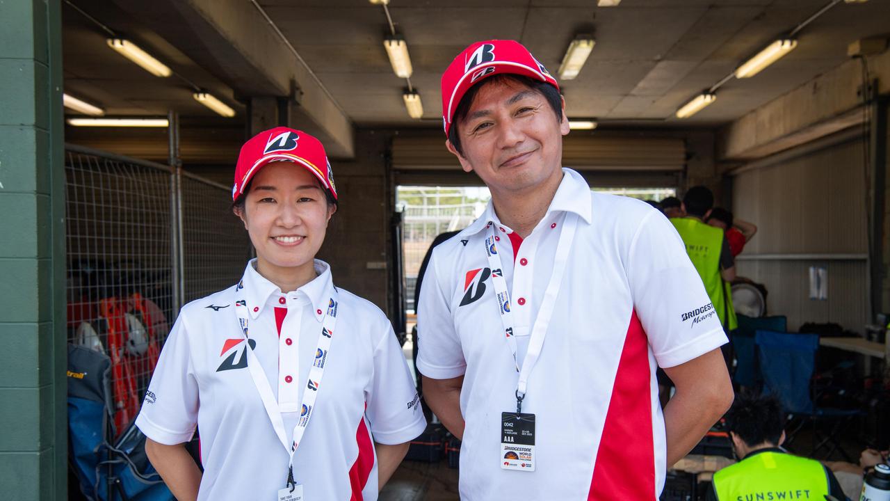 Ayako Furuhata and Rui Yamamoto from Bridgestone Officials at the 2023 Bridgestone World Solar Challenge, Hidden Valley Raceway, Saturday, October 21, 2023. Picture: Pema Tamang Pakhrin.