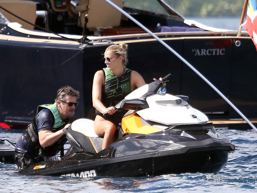 Karl Stefanovic and girlfriend Jasmine Yarbrough were spotted holidaying in Bora Bora with James Packer and his kids, aboard his luxury yacht Arctic P. They were also accompanied by a group of friends, including a mystery brunette, who is pictured sitting next to a visibly larger James Packer. Picture: Backgrid