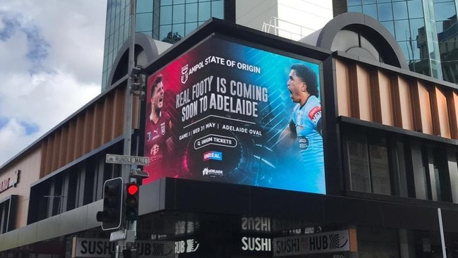 Advertising for the upcoming Origin match in Adelaide.