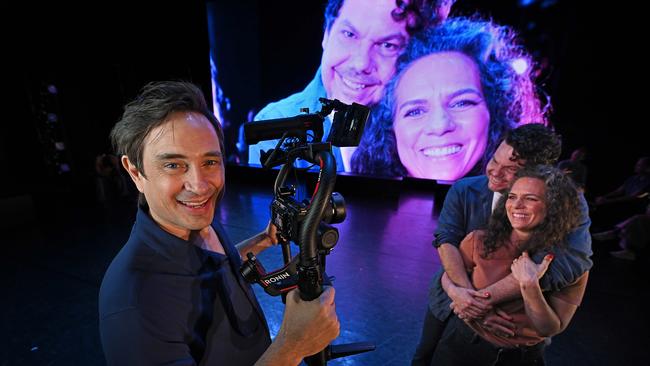 Trent Dalton with actors Jason Klarwein and Michala Banas, who play Trent and his wife, Fiona Franzmann, in the theatre production of Love Stories. Picture: Lyndon Mechielsen