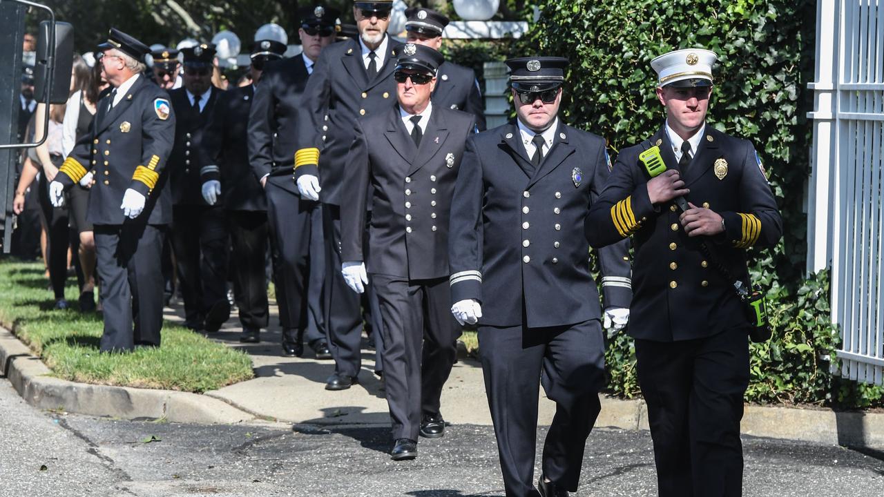 Emergency services personnel attend the service to support Ms Petito’s stepfather, who is a firefighter. Picture: Stephanie Keith/Getty Images/AFP