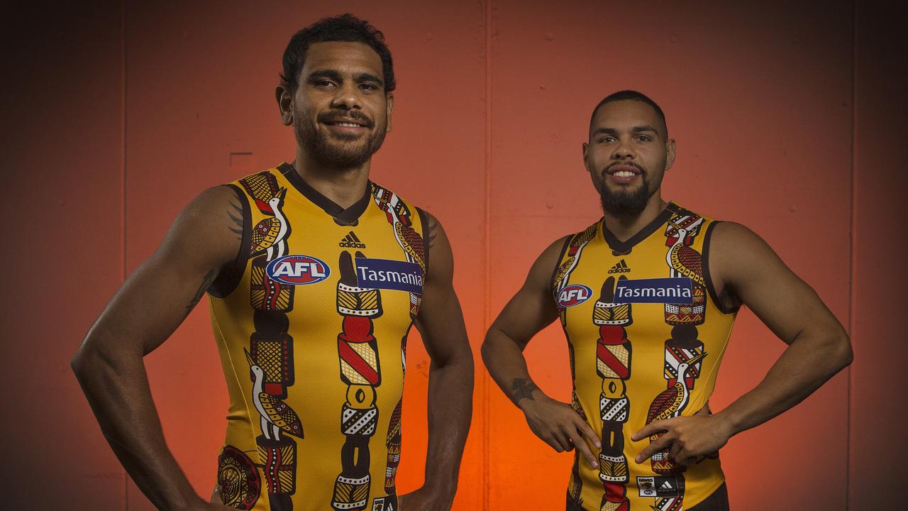Hawthorn’s Cyril Rioli and Jarman Impey in this year’s indigenous round jumper. Picture: Michael Klein