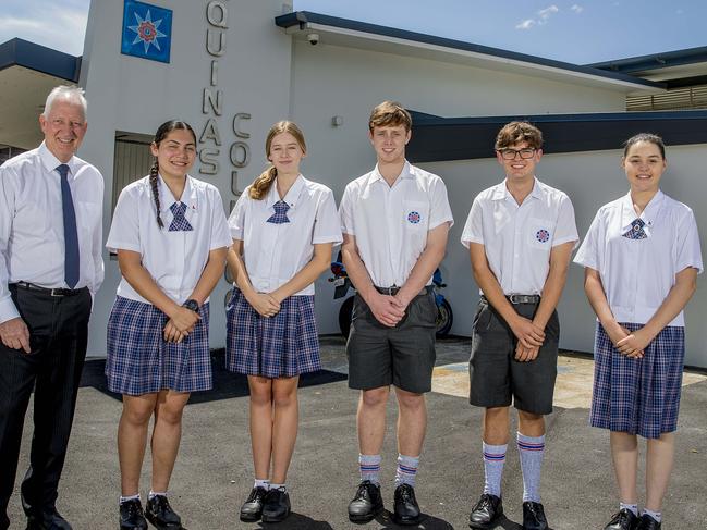 Aquinas College has won the best medium school on the Gold Coast. Principal Peter Hurley, Irana Lolesio,16, Ava Henry, 17, Ted Leeson, 17, Max Mason, 16, Isabella Gonzalez, 16.  Picture: Jerad Williams