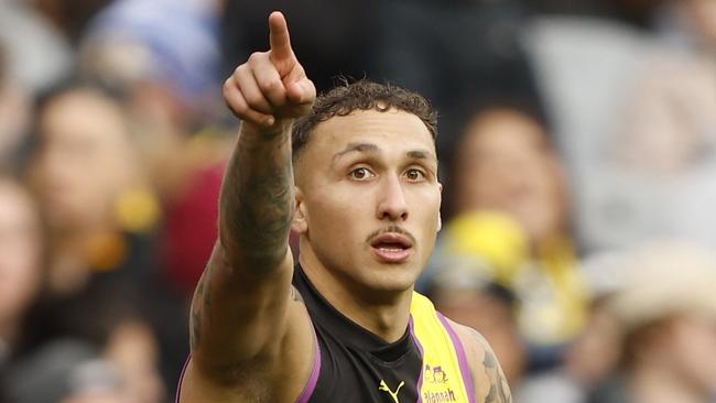 MELBOURNE, AUSTRALIA - JULY 14:  Shai Bolton of the Tigers  celebrates a goal during the round 18 AFL match between Richmond Tigers and Greater Western Sydney Giants at Melbourne Cricket Ground, on July 14, 2024, in Melbourne, Australia. (Photo by Darrian Traynor/AFL Photos/via Getty Images)