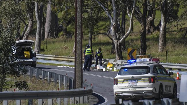 A motorcyclist died in this crash on the notorious Torrens Valley Rd near Birdwood on Wednesday. Picture: Roy VanDerVegt