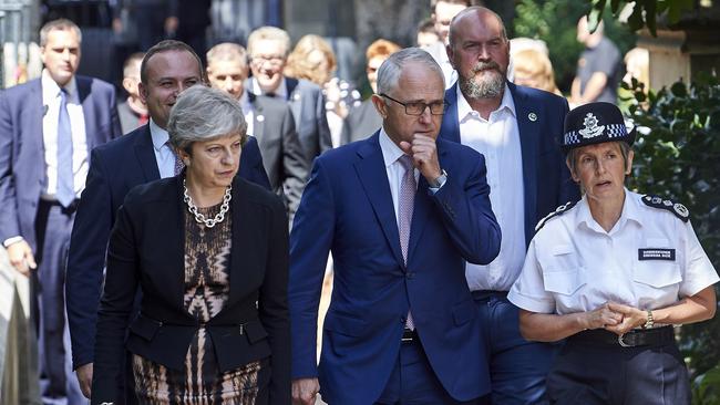 Theresa May, Malcolm Turnbull and Metropolitan Police Commissioner Cressida Dick in London. Picture: Getty