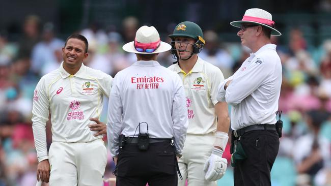 Australian’s Marnus Labuschagne reacts as he is given not out.