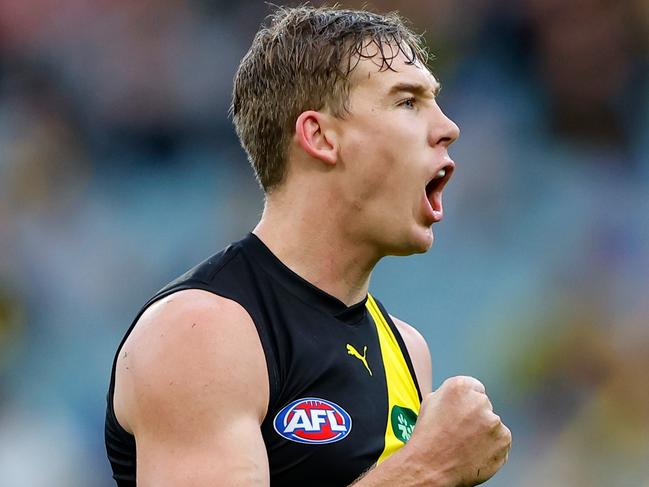 MELBOURNE - APRIL 08: Tom Lynch of the Tigers celebrates a goal during the 2023 AFL Round 04 match between the Richmond Tigers and the Western Bulldogs at the Melbourne Cricket Ground on April 8, 2023 in Melbourne, Australia. (Photo by Dylan Burns/AFL Photos via Getty Images)