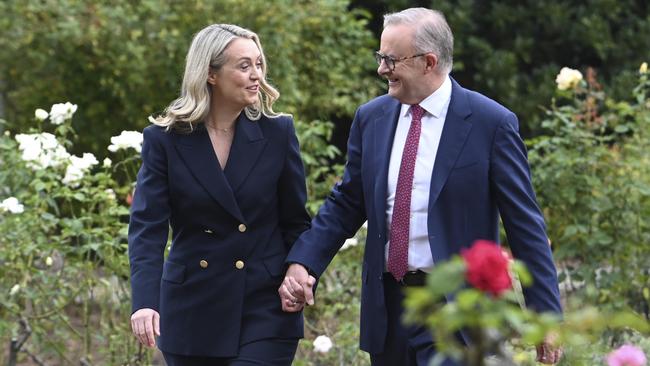 Prime Minister Anthony Albanese and fiance Jodie Haydon at the lodge in Canberra. Picture: NCA NewsWire / Martin Ollman