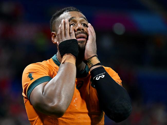LYON, FRANCE - SEPTEMBER 24: Samu Kerevi of Australia reacts after their team's loss at full-time following the Rugby World Cup France 2023 match between Wales and Australia at Parc Olympique on September 24, 2023 in Lyon, France. (Photo by Hannah Peters/Getty Images)