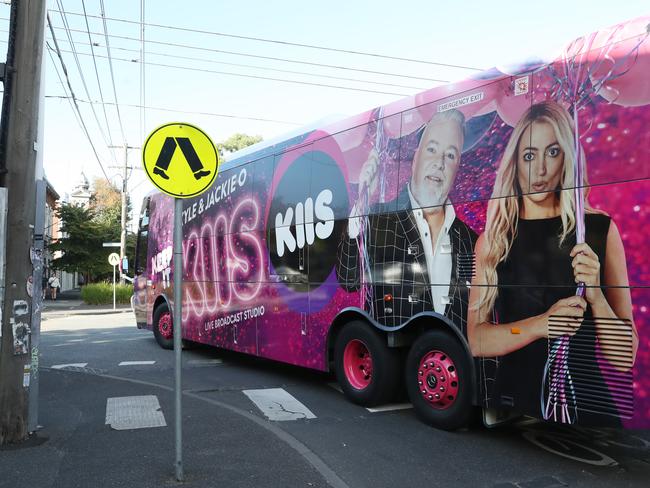 A bus promoting Kyle and Jackie O for KIIS FM circles the South Melbourne area at the same time Lauren and Jase from Nova FM do a promotion at South Melbourne Market. Picture: David Crosling