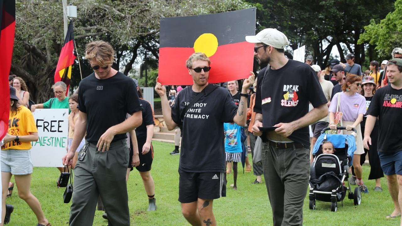 Hundreds of Territorians demonstrated on Invasion Day 2024 by marching from Civic Park through Darwin city on Friday, January 26. Picture: Zizi Averill