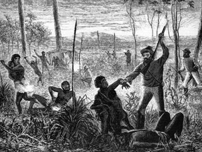 An image depicting the violence against Aborigines killed in massacres during the white settlement.