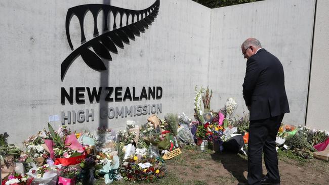 Prime Minister Scott Morrison pays his respects to the people of New Zealand after the terror attack in Christchurch. Picture: Adam Taylor