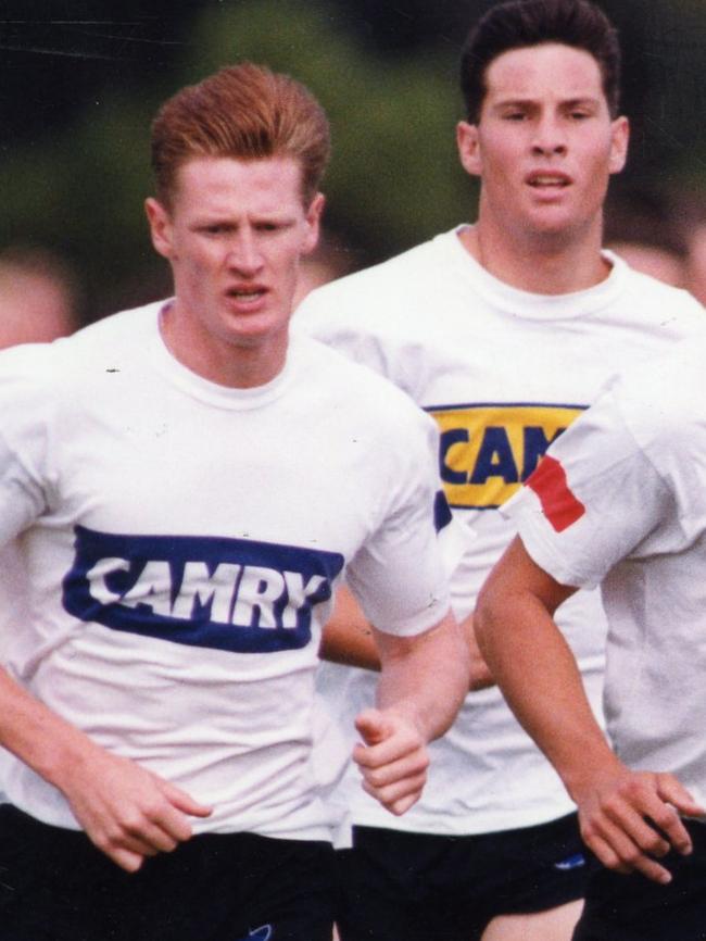 Chris Groom, right, with Ben Hart at Adelaide pre-season training in 1994. Picture: Ray Titus