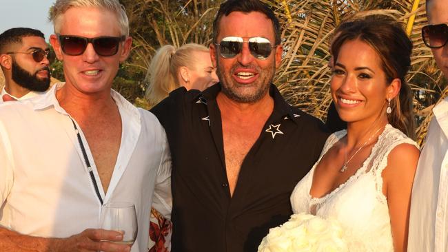 Joh Bailey, centre, at the wedding of Tom Cole, not pictured, and Mariah Rota, right, at Bali's Atas Ombak Villa. Picture: Supplied