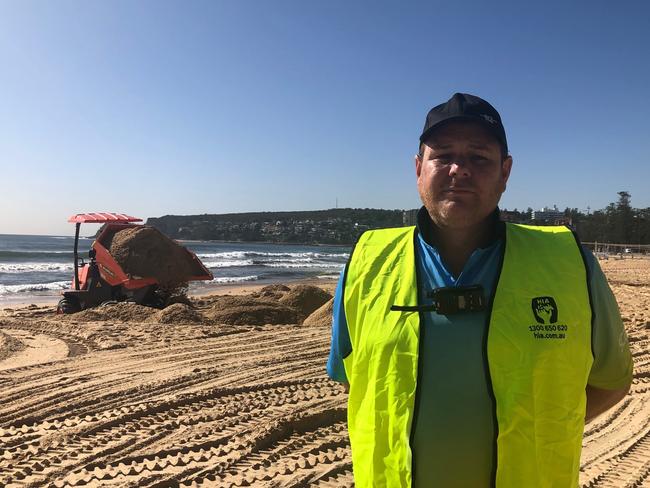 Trent Clarke, events manager for Volleyball Australia at Manly Beach. Contractors have been brought in to build up beach for volleyball tournament after half of it was washed away. Picture: Julie Cross