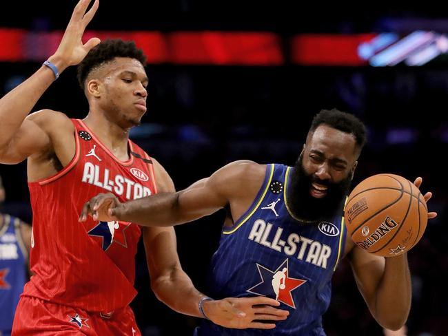 CHICAGO, ILLINOIS - FEBRUARY 16: James Harden #2 of Team LeBron dribbles the ball while being guarded by Giannis Antetokounmpo #24 of Team Giannis in the fourth quarter during the 69th NBA All-Star Game at the United Center on February 16, 2020 in Chicago, Illinois. NOTE TO USER: User expressly acknowledges and agrees that, by downloading and or using this photograph, User is consenting to the terms and conditions of the Getty Images License Agreement. (Photo by Jonathan Daniel/Getty Images)