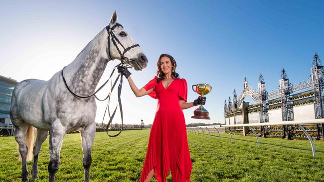 Megan Gale has been a regular in the Spring Racing Carnival’s birdcage. Picture: Jason Edwards