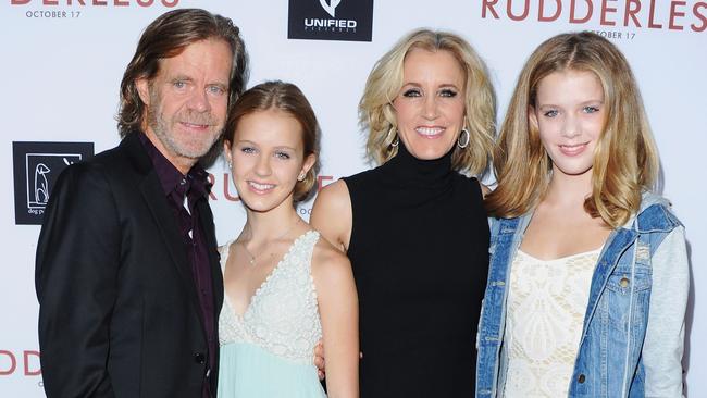 Huffman with husband William H. Macy and daughters Georgia and Sofia (right). Picture: Jon Kopaloff