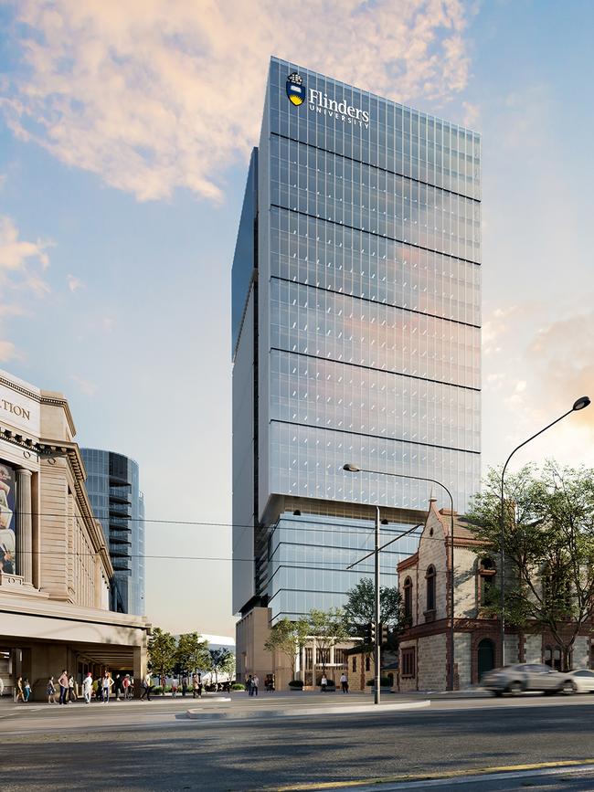 An artist's impression of the Flinders University branding on the North Terrace-facing side of the Festival Tower