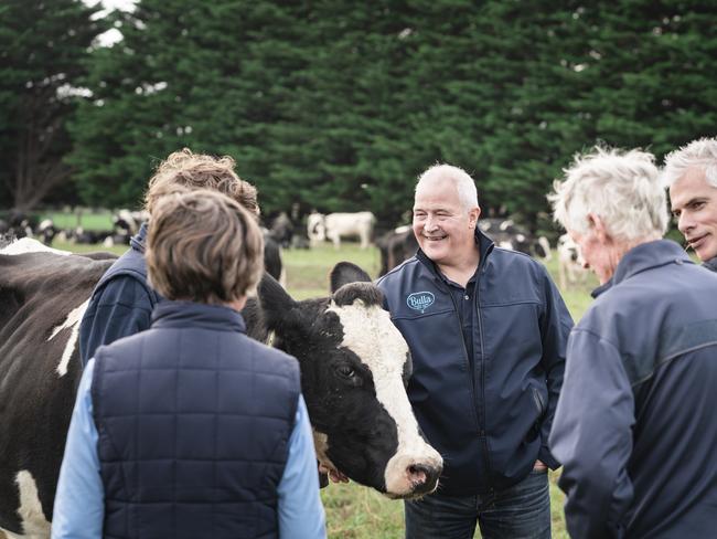 Bulla chief executive Allan Hood (centre) and procurement manager Rohan Davies with Bulla suppliers in south-west Victoria.