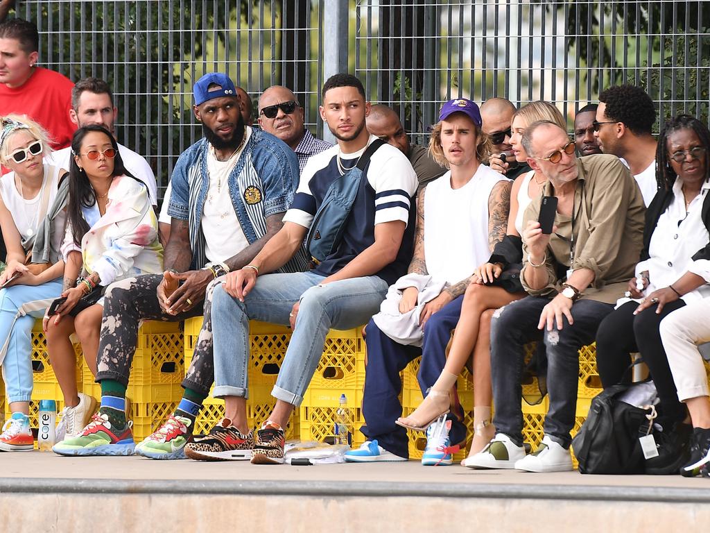 LeBron James, Ben Simmons, Justin Bieber, Hailey Baldwin and Whoopi Goldberg attend the John Elliott front row during New York Fashion Week. (Photo by Nicholas Hunt/Getty Images for NYFW: The Shows)