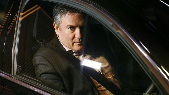 Collingwood president Eddie McGuire leaving the club’s headquarters after a board meeting on Tuesday night. Picture: Ian Currie