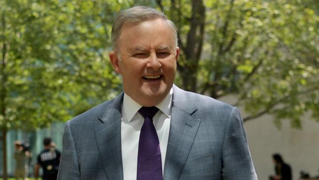 Opposition Leader Anthony Albanese was all smiles yesterday after an embarrassing day for the Coalition. Picture: Tracey Nearmy/Getty Images