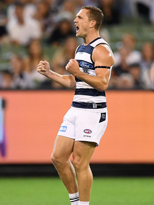 While Joel Selwood has spent most of his time patrolling the wing. Picture: Quinn Rooney/Getty Images. 