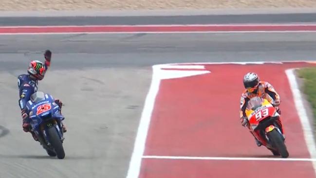 Maverick Vinales gesticulates at Marc Marquez after getting baulked during qualifying in Austin.