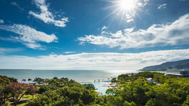 The view from The Oaks Cairns Hotel rooftop bar.