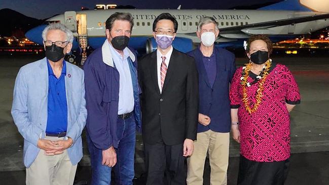 The US delegation, with Taiwanese diplomat Douglas Yu-tien Hsu, centre, in Taipei. Picture: AFP