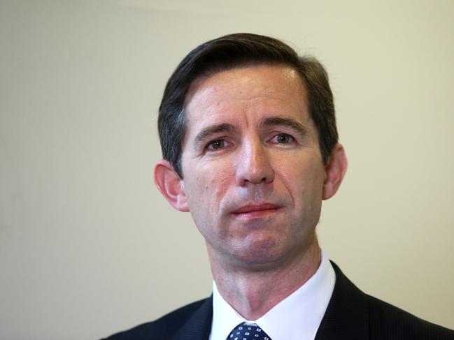 Minister for Education Senator Simon Birmingham speaking at doorstop at Parliament House in Canberra.