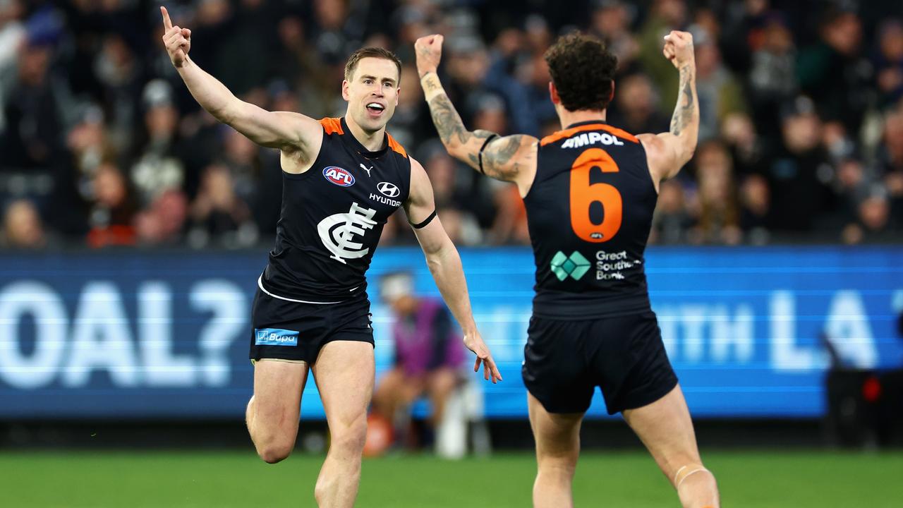 Matthew Owies of the Blues celebrates kicking a goal. (Photo by Quinn Rooney/Getty Images)