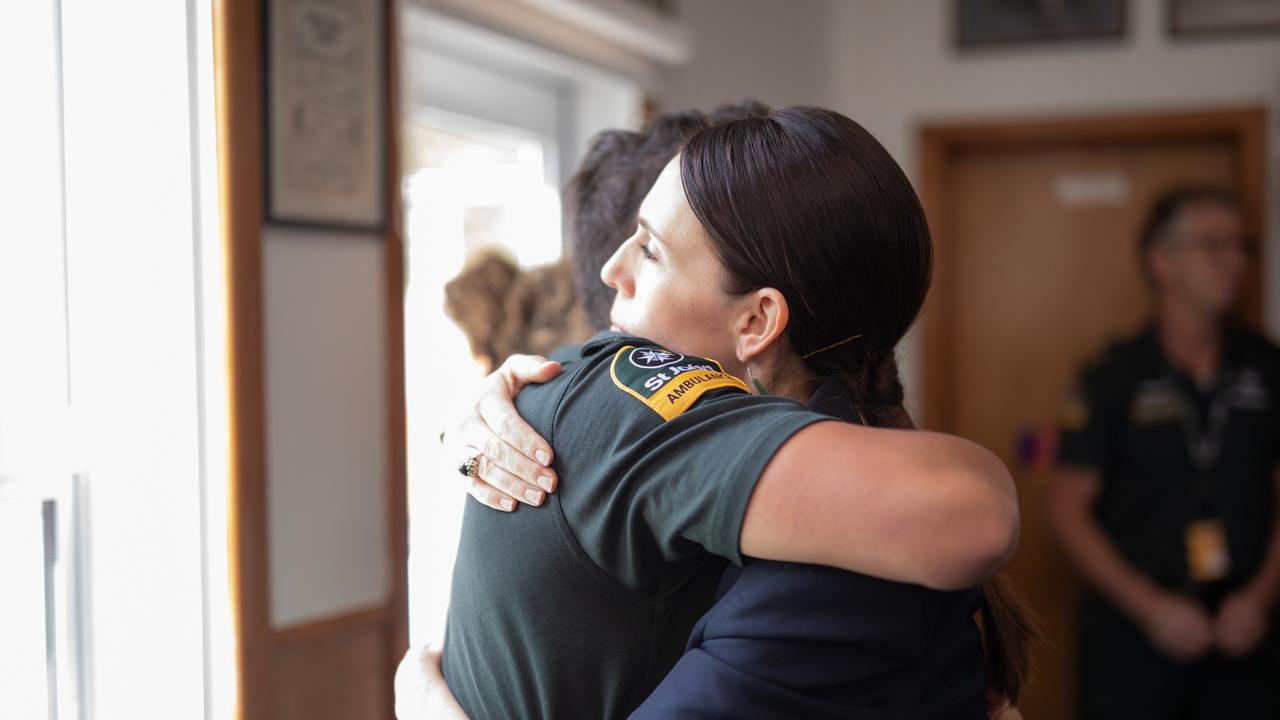 New Zealand Prime Minister Jacinda Ardern meets with first responders made up of Kahu helicopter pilots, firefighters and ambulance staff. Picture: Dom Thomas/AAP