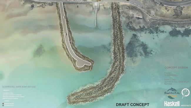 Frankston Council's draft concept plans for a safe boat harbour, featuring a rock wall, at the base of Olivers Hill.