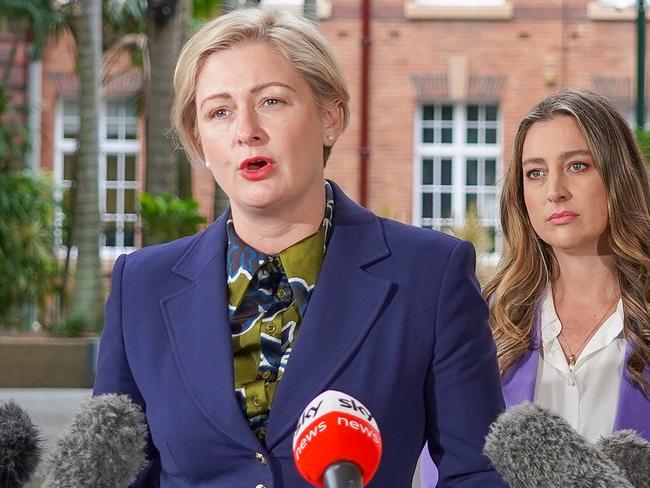 Minister for Child Safety and the Prevention of Domestic and Family Violence Amanda Camm and Minister for Youth Justice and Victim Support Laura Gerber speaking at a press conference at Parliament House in Brisbane. Photo: Supplied by the Office of the Premier. ,