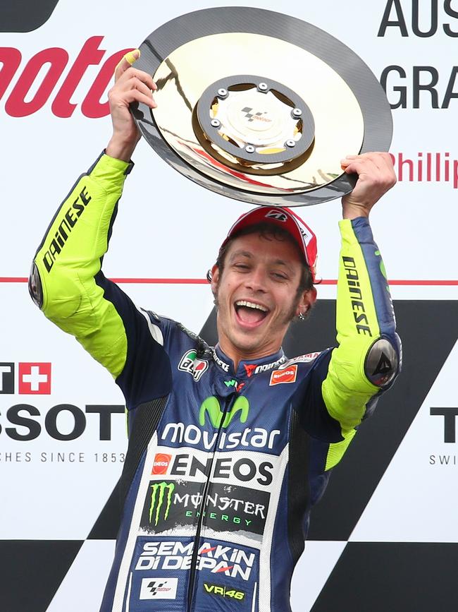 Valentino Rossi celebrates his 2014 Australian MotoGP win. Picture: Michael Klein