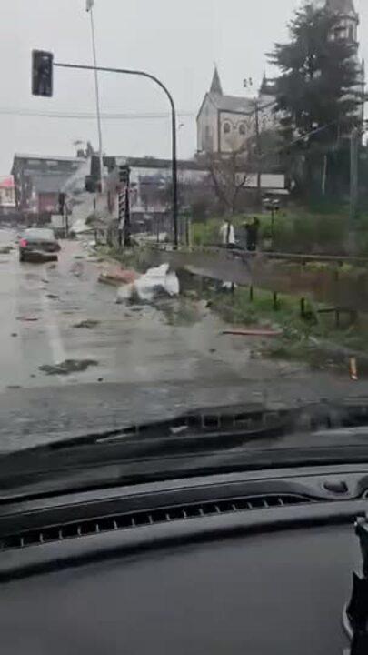 Debris Strewn Along Street After Tornado Touches Down in Puerto Varas