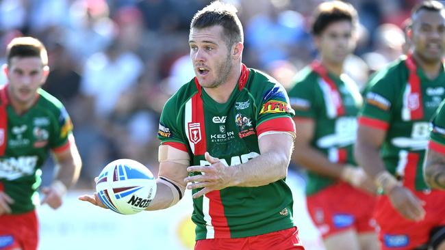 BRISBANE, AUSTRALIA - OCTOBER 10: Sam Scarlett of the Seagulls passes the ball during the 2021 QRL Intrust Super Cup Grand Final match between the Norths Devils and the Wynnum-Manly Seagulls at Moreton Daily Stadium on October 10, 2021, in Brisbane, Australia. (Photo by Bradley Kanaris/Getty Images)