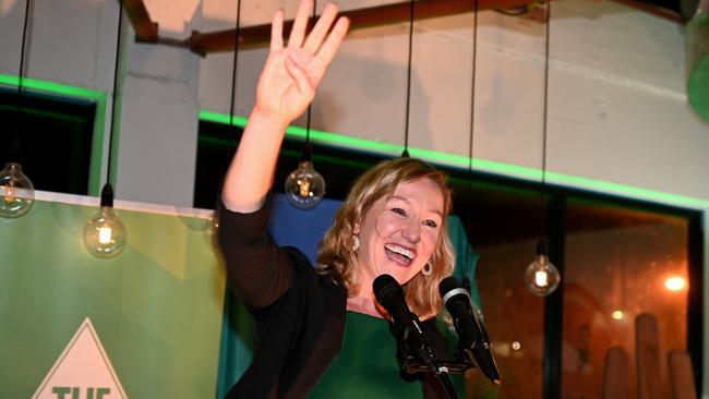 Queensland Greens Senator Larissa Waters reacts to a swell in support for the party. Picture: Dan Peled/Getty Images