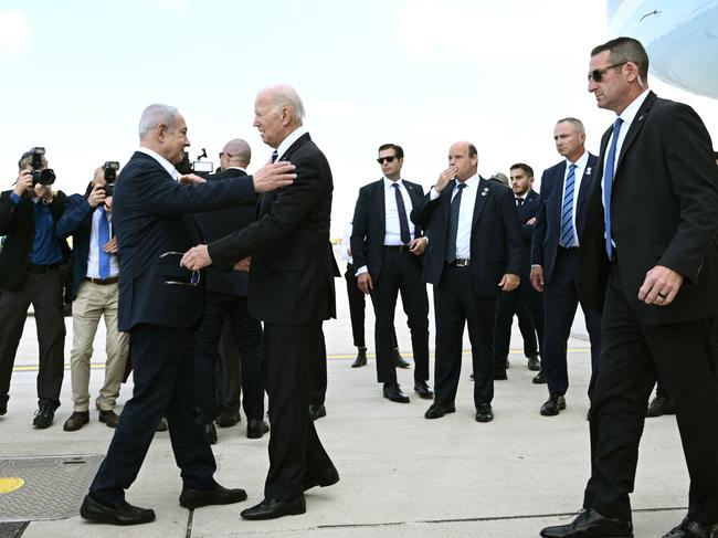 Israel Prime Minister Benjamin Netanyahu greets US President Joe Biden in Tel Aviv. Picture: Brendan Smialowski (AFP)