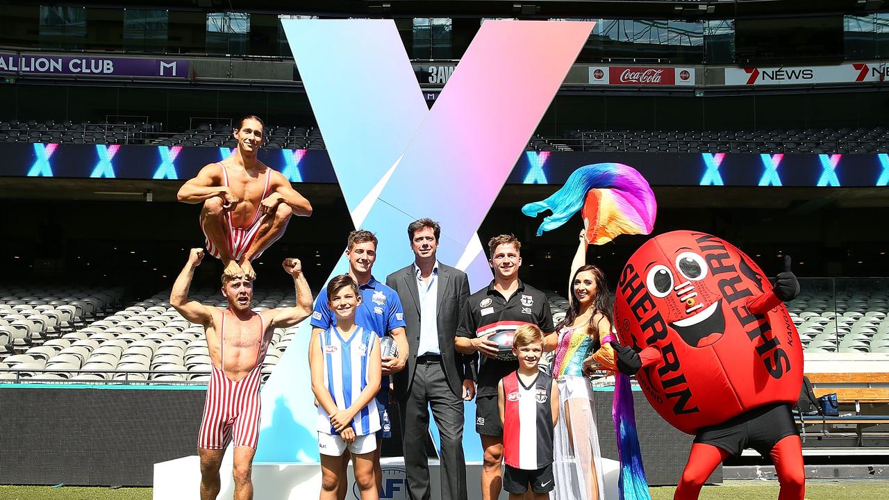 Gillon McLachlan with Shaun Atley and Jack Billings to promote AFLX.