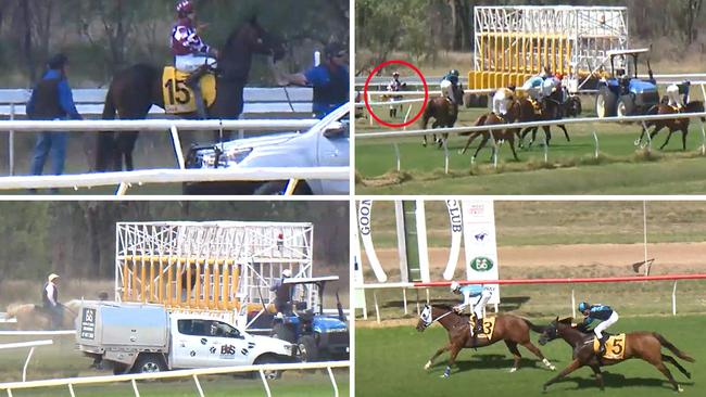 Jockey Zoe Hunt on Governor General (top left) holds up her hand in bewilderment after the field is allowed to jump without her horse in the barriers. Top right: Hunt (circled) watches as the field is eased down after finishing the race, which was won by Basil's Bow (bottom right). Pictures: YouTube