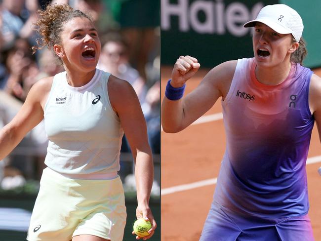 TOPSHOT - (COMBO) This combination of pictures created on June 6, 2024, shows (L) Italy's Jasmine Paolini celebrating after winning against Kazakhstan's Elena Rybakina at the end of their women's singles quarter final match on Court Philippe-Chatrier on day eleven of the French Open tennis tournament at the Roland Garros Complex in Paris on June 5, 2024, Poland's Iga Swiatek celebrates after winning against US Coco Gauff at the end of their women's singles semi final match on Court Philippe-Chatrier on day twelve of the French Open tennis tournament at the Roland Garros Complex in Paris on June 6, 2024. Jasmine Paolini will play Iga Swiatek in the French Open final after the Italian 12th seed ended the run of 17-year-old Russian sensation Mirra Andreeva in the last four on June 6, 2024, winning 6-3, 6-1. (Photo by ALAIN JOCARD and Dimitar DILKOFF / AFP)