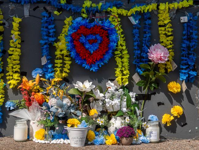 The memorial for the 36-year-old Wadeye man outside the Cavenagh Street Woolworths supermarket on Saturday, September 16. Picture: Pema Tamang Pakhrin