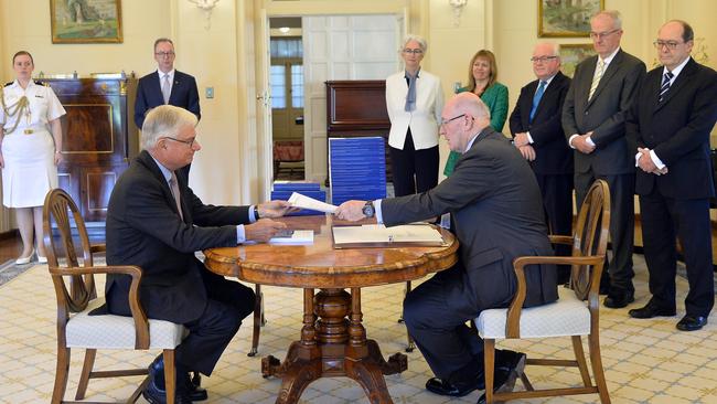 Commissioner Justice Peter McClellan and the Governor-General of Australia Peter Cosgrove at the signing ceremony and the release of the Final Report of the Royal Commission into Institutional Responses to Child Sexual Abuse in Canberra. Photo Jeremy Piper