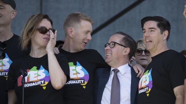 Flying high... Qantas CEO Alan Joyce and his partner Shane Lloyd (right) celebrate. Picture: Getty