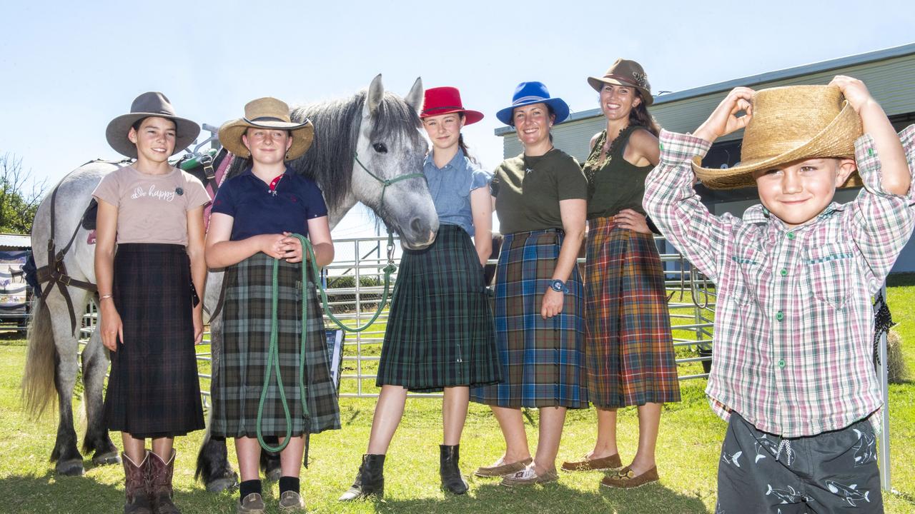 Chloe Beckett, Bridie Griffiths, Rosemarkie Katniss the Highland Pony, Piper Griffiths, Kendall Moore, Lois McCullouch and Murdo McCullouch at the Darling Downs Heavy Horse Festival. Picture: Nev Madsen.